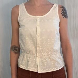White Eyelet Peasant Button Down Sleeveless Blouse with Waist Elastic Y2K Boho